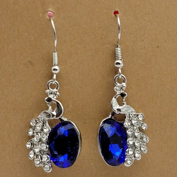 Jewelry - Blue And Clear Crystal Drop Earrings Statement Silver Tone French Wire 1 in New